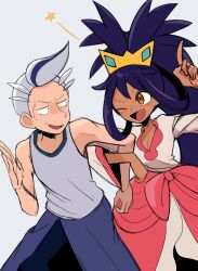 1girl brown_eyes creatures_(company) dark-skinned_female dark_skin drayton_(pokemon) fang game_freak grey_background grey_hair highres iris_(pokemon) locked_arms nam_(namart76) nervous_smile nintendo one_eye_closed pokemon pokemon_bw2 pokemon_sv purple_hair shirt sleeveless sleeveless_shirt smile star_(symbol) wide_sleeves