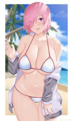 Rule 34 | 1girl, arind yudha, bare shoulders, bikini, blush, breasts, cleavage, collarbone, fate/grand order, fate (series), hair over one eye, highres, huge breasts, jacket, large breasts, light purple hair, looking at viewer, mash kyrielight, navel, open clothes, open jacket, purple eyes, short hair, solo, swimsuit, thighs, white bikini
