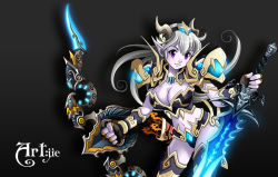 Rule 34 | 1girl, armor, bikini armor, bow, bow (weapon), breasts, cleavage, draenei, frostmourne, gloves, large breasts, midriff, pointy ears, purple eyes, silver hair, solo, sword, thori&#039;dal the stars&#039; fury, warcraft, weapon, world of warcraft