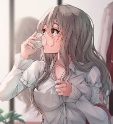 Rule 34 | 1girl, brown eyes, buttons, collarbone, collared shirt, cup, drinking, drinking glass, grey hair, highres, holding, holding cup, k jie, kantai collection, long hair, long sleeves, pola (kancolle), shirt, sidelocks, solo, upper body, wavy hair, white shirt
