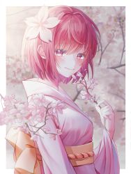 Rule 34 | 1girl, absurdres, bad id, bad pixiv id, blush, breasts, cherry blossoms, dasha, flower, from side, hair flower, hair ornament, highres, holding, huge filesize, japanese clothes, kimono, light smile, long sleeves, looking at viewer, medium breasts, obi, original, pink flower, pink hair, pink kimono, sash, solo, white flower, wide sleeves