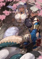 Rule 34 | 2girls, animal ears, blonde hair, blush, breasts, chinese commentary, closed mouth, clover theater, club3, hair ornament, holding, lamia, large breasts, long hair, long sleeves, looking at viewer, mole, mole under eye, monster girl, multiple girls, smile
