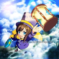 Rule 34 | 1girl, a hat in time, blue eyes, brown hair, cape, hat, hat kid, hourglass, long hair, nononsensei, sky, smile, top hat, umbrella