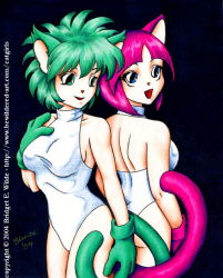 Rule 34 | 00s, 2004, 2girls, animal ears, bewildered, black background, blue eyes, breasts, cat ears, cat girl, cat tail, gloves, green eyes, green gloves, green hair, large breasts, leotard, looking at viewer, looking back, multiple girls, open mouth, pink gloves, pink hair, short hair, smile, standing, tail, white leotard