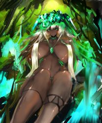 Rule 34 | 1girl, blonde hair, blush, breasts, choker, collarbone, dark skin, dark-skinned female, covered erect nipples, forest, gigantic breasts, gond, green eyes, highres, jewelry, long hair, looking at viewer, lying, nature, necklace, original, smile, solo