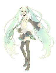 Rule 34 | 1girl, black thighhighs, detached sleeves, full body, green eyes, green hair, hatsune miku, highres, long hair, matching hair/eyes, mugikogin, necktie, open mouth, simple background, skirt, smile, solo, thighhighs, twintails, very long hair, vocaloid, white background