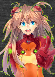 Rule 34 | 1girl, artist request, blue eyes, bodysuit, breasts, brown hair, evangelion: 2.0 you can (not) advance, hair ornament, hairpods, highres, interface headset, long hair, looking at viewer, neon genesis evangelion, open mouth, plugsuit, rebuild of evangelion, red bodysuit, shiny clothes, skin tight, smile, solo, souryuu asuka langley, test plugsuit, upper body, v, wide hips