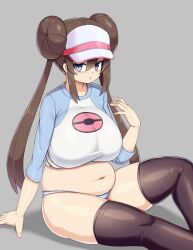 Rule 34 | 1girl, :o, arm support, belly, black thighhighs, blue eyes, blush, breasts, brown hair, clothes lift, commentary request, creatures (company), double bun, doughnut hair bun, feet out of frame, game freak, grey background, hair bun, hand up, highres, large breasts, long hair, long sleeves, looking at viewer, midriff, navel, nintendo, no pants, on floor, panties, parted lips, plump, pokemon, pokemon bw2, rosa (pokemon), sawati, shirt lift, simple background, sitting, solo, stomach, striped clothes, striped panties, thighhighs, thighs, underwear, very long hair, visor cap