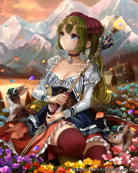 Rule 34 | 1girl, blonde hair, bow, choker, field, flower, flower field, hair bow, jewelry, juliet sleeves, long sleeves, mountain, original, pendant, pisuke, polearm, ponytail, puffy sleeves, rabbit, red thighhighs, solo, squatting, thighhighs, weapon, zettai ryouiki