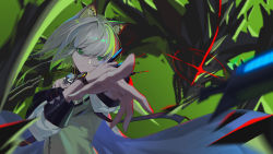 Rule 34 | 1girl, absurdres, animal ears, arknights, between fingers, black collar, blurry, cat ears, closed mouth, coat, collar, commentary, depth of field, dress, green background, green dress, green eyes, green hair, hair between eyes, hair intakes, highres, holding, holding syringe, kal&#039;tsit (arknights), lab coat, li-mi, material growth, mon3tr (arknights), open clothes, open coat, originium arts (arknights), oripathy lesion (arknights), outstretched hand, short hair, silver hair, simple background, solo, stethoscope, syringe, upper body, watch, white coat, wristwatch