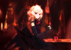 Rule 34 | 1girl, akn, alcohol, alternate color, alternate costume, alternate hair color, ascot, bad id, bad pixiv id, black dress, blonde hair, blood, bridal gauntlets, cup, dress, drinking glass, female focus, glass, pink eyes, red eyes, red theme, remilia scarlet, solo, touhou, wine, wine glass, wings