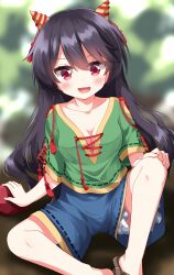 Rule 34 | 1girl, :d, black hair, bloomers, blue shorts, breasts, cleavage, collarbone, commentary request, green shirt, highres, horns, long hair, looking at viewer, nippaku zanmu, open mouth, red eyes, ruu (tksymkw), shirt, shorts, sitting, smile, solo, touhou, underwear