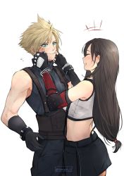 Rule 34 | 1boy, 1girl, bare shoulders, black hair, black skirt, blonde hair, blue eyes, cheek pinching, closed mouth, cloud strife, commentary, cowboy shot, elbow gloves, closed eyes, final fantasy, final fantasy vii, from side, gloves, highres, long hair, low-tied long hair, maiii (smaii i), midriff, miniskirt, open mouth, pinching, short hair, simple background, skirt, sleeveless, smile, spiked hair, square enix, suspender skirt, suspenders, tifa lockhart, white background