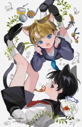 Rule 34 | 2boys, animal, animal ears, black hair, cat, cat boy, cat day, cat ears, cat tail, commentary request, eating, fish, fishbowl, food, food in mouth, goldfish, highres, holding, kemonomimi mode, looking at viewer, male focus, mouth hold, multiple boys, original, ponn mame, shorts, tail, water