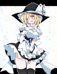 Rule 34 | 1girl, alice margatroid, apron, black hat, black skirt, black thighhighs, blonde hair, blouse, blush, bow, breasts, cosplay, cowboy shot, frilled skirt, frills, hair between eyes, hand on own chest, hat, hat bow, ichimura kanata, kirisame marisa, kirisame marisa (cosplay), large bow, letterboxed, looking at viewer, medium breasts, open mouth, puffy short sleeves, puffy sleeves, shirt, short hair, short sleeves, skirt, skirt tug, solo, star (symbol), starry background, sweatdrop, thighhighs, thighs, touhou, turtleneck, white shirt, witch hat, wrist cuffs, yellow eyes