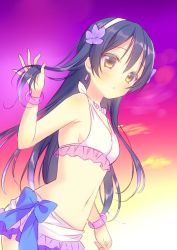 Rule 34 | 1girl, arm up, bikini, bikini skirt, blue hair, blush, bracelet, commentary request, cowboy shot, flower, frilled bikini, frills, hair between eyes, hair flower, hair ornament, hand in own hair, hibiscus, jewelry, long hair, looking at viewer, love live!, love live! school idol project, natsuiro egao de 1 2 jump!, necklace, open mouth, piyodera mucha, solo, sonoda umi, standing, swimsuit, yellow eyes