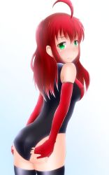 Rule 34 | 1girl, ass, blush, covering privates, green eyes, highres, leotard, looking back, red hair, s.bomb