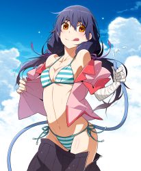 Rule 34 | 1girl, :q, bandaged arm, bandages, bikini, blue hair, braid, breasts, cleavage, clothes pull, commentary request, cowboy shot, day, highres, hose, kanbaru suruga, low twintails, monogatari (series), navel, open clothes, open skirt, orange eyes, pleated skirt, side-tie bikini bottom, skirt, skirt pull, sky, small breasts, solo, sparkle, striped bikini, striped clothes, swimsuit, tongue, tongue out, twintails, wet, wet hair, yamanami kousuke