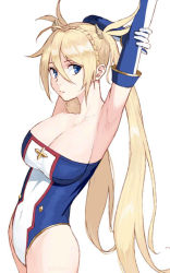 Rule 34 | 1girl, armpits, arms behind head, arms up, bare shoulders, blonde hair, blue eyes, blue leotard, bradamante (fate), bradamante (first ascension) (fate), braid, breasts, cicari, cleavage, closed mouth, collarbone, covered navel, crown braid, elbow gloves, fate/grand order, fate (series), gloves, hair between eyes, hair ornament, highleg, highleg leotard, large breasts, leotard, long hair, looking at viewer, simple background, solo, stretching, twintails, two-tone leotard, very long hair, white background, white leotard
