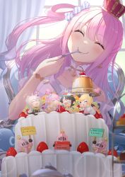 Rule 34 | 1girl, absurdres, blush, cake, candy hair ornament, closed eyes, closed mouth, crescent, crescent earrings, crown, earrings, eating, food, food-themed hair ornament, hair ornament, hair rings, highres, himemori luna, himemori luna (1st costume), hololive, jewelry, leaning to the side, long hair, luknight (himemori luna), oozora subaru, pink hair, shima46, shishiro botan, shishiro botan (1st costume), short sleeves, smile, solo, utensil in mouth, virtual youtuber, yuzuki choco