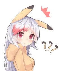 Rule 34 | 1girl, :t, ?, ??, ^^^, absurdres, animal ears, blush, breasts, cosplay, covered erect nipples, creatures (company), feathers, game freak, gen 1 pokemon, grey hair, highres, hood, hoodie, long hair, looking at viewer, medium breasts, nintendo, north carolina (warship girls r), pikachu, pikachu (cosplay), pokemon, pout, red hair, simple background, siwi, solo, upper body, warship girls r