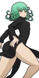 Rule 34 | 1girl, ass, black dress, breasts, curly hair, dress, from side, frown, green eyes, green hair, hand on own ass, mike inel, one-punch man, small breasts, solo, tatsumaki, transparent background