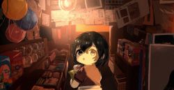 Rule 34 | 1girl, :o, black hair, brown shirt, commentary request, copyright request, from behind, grey eyes, hair between eyes, indoors, jar, looking at viewer, looking back, parted lips, shirt, short sleeves, solo, upper body, yodaka miy