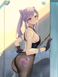 Rule 34 | 1girl, absurdres, alternate costume, artist request, ass, bare shoulders, blush, breasts, electro (genshin impact), genshin impact, gloves, highres, keqing (genshin impact), long hair, looking at viewer, one-piece swimsuit, pantyhose, pantyhose under swimsuit, purple eyes, purple hair, shiny clothes, shiny skin, shower, sideboob, solo, swimsuit, twintails, very long hair, vision (genshin impact)