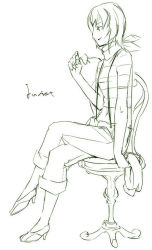 Rule 34 | 00s, 1girl, chair, character name, crossed legs, glasses, green theme, hat, holding, holding clothes, holding hat, holding removed eyewear, juliet nao zhang, kyo (kuroichigo), monochrome, my-otome, on chair, pants, pants rolled up, sitting, solo, suspenders, unworn eyewear, unworn hat, unworn headwear