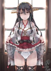 Rule 34 | 1girl, backlighting, bare shoulders, black hair, bow, bow panties, breasts, brown eyes, clothes lift, collarbone, cowboy shot, dated, day, detached sleeves, glaring, gluteal fold, hair ornament, hairband, hairclip, half-closed eyes, haruna (kancolle), headgear, highres, indoors, japanese clothes, kantai collection, large breasts, lifting own clothes, long hair, looking at viewer, nontraditional miko, ourah ikuzus, panties, red skirt, scowl, shaded face, sidelocks, signature, skindentation, skirt, skirt lift, solo, standing, thighhighs, thighs, underwear, white panties, wide sleeves, window