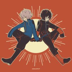 Rule 34 | 2boys, arm on knee, arm rest, arm support, black hair, black pants, blue jacket, boots, closed mouth, dual persona, frown, full body, gloves, grey hair, hair over one eye, half-closed eyes, invisible chair, jacket, knee up, kuga yuuma, limited palette, looking at viewer, male focus, mikumo squad&#039;s uniform, mnmikwt, multiple boys, one eye covered, outstretched arm, pants, pants tucked in, red background, red eyes, red footwear, side-by-side, sitting, smile, symmetrical pose, world trigger
