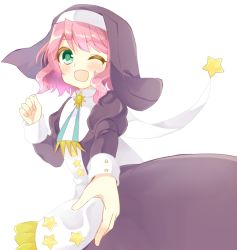 Rule 34 | :d, buttons, ciconia no naku koro ni, curly hair, dress, green eyes, hakua (elmab), long sleeves, medium hair, nun, one eye closed, open mouth, outstretched hand, pink hair, sleeve cuffs, smile, solo, star (symbol), stephania (ciconia), sun symbol, white background