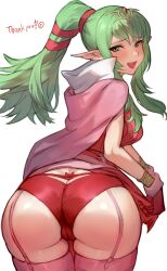 Rule 34 | 1girl, ass, ass focus, breasts, butt crack, cameltoe, clothes lift, commission, dress, fire emblem, fire emblem awakening, from behind, garter straps, green eyes, green hair, hair ornament, highres, huge ass, large breasts, long hair, looking at viewer, looking back, nintendo, panties, pointy ears, ponytail, presenting, r123, red panties, skeb commission, smile, solo, thick thighs, thighs, tiara, tiki (adult) (fire emblem), tiki (fire emblem), underwear, wide hips