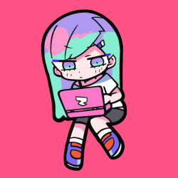 Rule 34 | 1girl, ankle socks, aqua hair, black skirt, blue eyes, blue footwear, check copyright, closed mouth, commentary request, computer, copyright request, full body, hair ornament, hairclip, laptop, light frown, long hair, looking at object, midriff peek, miniskirt, original, pink background, shirt, shoes, short sleeves, simple background, sitting, skirt, sneakers, socks, solo, straight hair, t-shirt, terada tera, typing, very long hair, white shirt, white sleeves, white socks