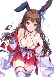 Rule 34 | 1girl, animal ears, bad id, bad pixiv id, bare shoulders, blush, breasts, brown eyes, brown hair, choker, cleavage, closed mouth, collarbone, hakama, hakama skirt, japanese clothes, large breasts, long hair, long sleeves, looking at viewer, miko, off shoulder, original, pinb, pleated skirt, rabbit ears, red skirt, ribbon-trimmed sleeves, ribbon trim, simple background, skirt, smile, solo, thighhighs, thighs, white background, white thighhighs, wide sleeves