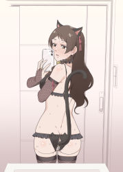 Rule 34 | 1girl, anal tail, animal ears, ass, bridal gauntlets, brown hair, butt plug, cat ears, commentary request, crotchless, crotchless panties, fake tail, fishnet sleeves, fishnets, highres, humiyou, idolmaster, idolmaster million live!, kitazawa shiho, long hair, panties, parted bangs, pussy juice, reflection, selfie, sex toy, solo, sweat, tail, thighhighs, underwear, yellow eyes