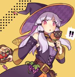 Rule 34 | !, !!, 1girl, :o, alternate costume, apple, bare shoulders, basket, belt, belt buckle, blush, breasts, brown belt, buckle, candy, cleavage, detached sleeves, dress, fingernails, fire emblem, fire emblem: three houses, food, fruit, grapes, haconeri, hair ornament, halloween, halloween costume, hat, holding, holding basket, holding candy, holding food, holding lollipop, lollipop, long hair, looking at viewer, lysithea von ordelia, nintendo, open mouth, pink eyes, purple dress, purple hat, purple sleeves, sidelocks, sleeveless, sleeveless dress, small breasts, solo, speech bubble, sweatdrop, tongue, veil, white hair, wide sleeves, witch, witch hat, yellow background