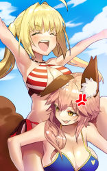 Rule 34 | 2girls, ahoge, anger vein, animal ear fluff, animal ears, arms up, bare shoulders, bikini, blonde hair, blue bikini, blue sky, blush, breasts, carrying, cleavage, collarbone, criss-cross halter, fang, fate/grand order, fate (series), fox ears, fox girl, green eyes, hair between eyes, hair intakes, halterneck, highres, large breasts, long hair, looking at viewer, looking back, multiple girls, nero claudius (fate), nero claudius (fate) (all), nero claudius (swimsuit caster) (fate), open mouth, outstretched arms, piggyback, pink hair, red bikini, side-tie bikini bottom, sidelocks, sky, smile, striped bikini, striped clothes, swimsuit, tamamo (fate), tamamo no mae (fate/extra), tamamo no mae (swimsuit lancer) (fate), torimahera, twintails, yellow eyes