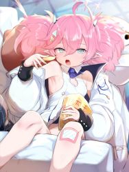 1girl, ahoge, blue archive, blue eyes, blurry, blurry background, blush, breasts, chips, cleavage, couch, food, hair between eyes, hair ornament, halo, highres, jacket, kio (yumekuikio), looking at viewer, messy hair, momoka (blue archive), open mouth, pink hair, shirt, sitting, sleeveless, sleeveless shirt, small breasts, solo, teeth