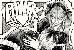 Rule 34 | 1girl, chainsaw man, cross-shaped pupils, demon horns, greyscale, hair between eyes, highres, horns, kachihoko, long hair, looking at viewer, maid, monochrome, power (chainsaw man), sharp teeth, smile, solo, symbol-shaped pupils, teeth