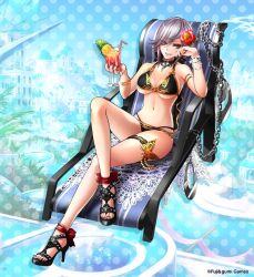 1girl adamastos_(phantom_of_the_kill) beach_chair bikini black_bikini black_footwear black_nails chain company_name crossed_legs cup drinking_glass drinking_straw flower full_body grey_hair hair_flower hair_ornament hand_on_own_cheek hand_on_own_face head_rest high_heel_sandals holding holding_cup leg_up looking_at_viewer official_alternate_costume official_art on_chair phantom_of_the_kill purple_eyes red_flower second-party_source seqet-aru sitting solo swimsuit thigh_strap