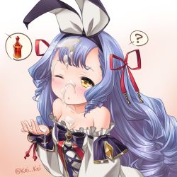 Rule 34 | 10s, 1girl, ;o, ?, bare shoulders, blue hair, blush, bottle, bow, breasts, cleavage, commentary request, drill hair, elixir, granblue fantasy, hair bow, hair ribbon, hairband, kei kei, long hair, one eye closed, phoebe (granblue fantasy), red ribbon, ribbon, sexually suggestive, simple background, small breasts, solo, spoken object, spoken question mark, suggestive fluid, twitter username, very long hair, yellow eyes