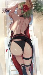 Rule 34 | 1girl, ass, bare shoulders, black footwear, breasts, breath, commentary request, earrings, fire emblem, fire emblem heroes, flower, from above, green hair, hair flower, hair ornament, halterneck, highres, horns, jewelry, laegjarn (fire emblem), large breasts, looking at viewer, looking back, lying, messatsu tan, nintendo, outdoors, profile, red eyes, sarong, short hair, side-tie swimsuit, sideboob, sketch, solo, stud earrings, sunlight, sweat, swimsuit, tan, tanline, thigh strap