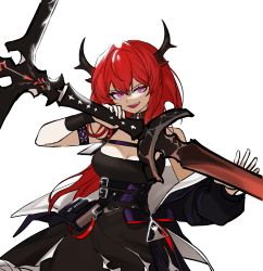 Rule 34 | arknights, bag, black dress, demon girl, demon horns, dress, fingerless gloves, gloves, hair between eyes, hair intakes, highres, holding, holding weapon, horns, infection monitor (arknights), jacket, long hair, looking to the side, no (xpxz7347), purple eyes, red hair, rhodes island logo (arknights), solo, surtr (arknights), sword, weapon, white background