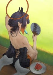 Rule 34 | 1girl, back, bare shoulders, dress, fanning self, food, food in mouth, from behind, fruit, hair over shoulder, halo, hand fan, highres, hololive, hololive english, hot, long hair, low wings, ninomae ina&#039;nis, ninomae ina&#039;nis (1st costume), outdoors, paper fan, pointy ears, popsicle, popsicle in mouth, porch, purple hair, sitting, solo, sweat, uchiwa, virtual youtuber, watermelon, wings, youryokuso (chlorophyll)