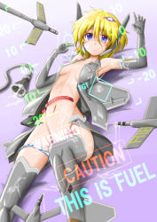 Rule 34 | 1girl, aircraft, airplane, armpits, blonde hair, blue eyes, blush, breasts, censored, convenient censoring, convenient leg, elbow gloves, english text, engrish text, f-22, gloves, heads-up display, jet, lying, mecha musume, navel, on back, original, panties, panties around leg, personification, ranguage, sexually suggestive, short hair, small breasts, solo, striped clothes, striped panties, thighhighs, underboob, underwear, vest, zephyr164