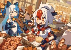 Rule 34 | + +, 1boy, 4girls, animal ears, baguette, bell, beret, black gloves, blue eyes, blue hair, blush, bread, breasts, brown hair, buttons, cat ears, drooling, elbow gloves, flat chest, food, gloves, greentanuki, hair between eyes, hat, holding, holding tray, holding wallet, indoors, jingle bell, large breasts, long hair, melon bread, mono (greentanuki), mouth drool, multicolored hair, multiple girls, neck bell, nina (greentanuki), open mouth, original, red hair, sausage, shirt, short hair, short sleeves, smile, tray, two-tone hair, wallet, white hair, white hat, white shirt