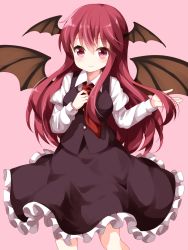 Rule 34 | 1girl, black skirt, black vest, blush, breasts, commentary request, demon wings, feet out of frame, hair between eyes, hands up, head wings, highres, juliet sleeves, koakuma, large breasts, long hair, long sleeves, looking at viewer, necktie, petticoat, pink background, puffy sleeves, red eyes, red hair, red necktie, ruu (tksymkw), shirt, sidelocks, simple background, skirt, smile, solo, standing, touhou, vest, white shirt, wing collar, wings
