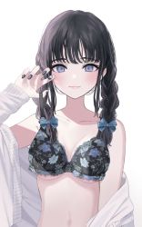 Rule 34 | 1girl, bad id, bad pixiv id, black hair, black nails, blue bow, blue eyes, blush, bow, breasts, closed mouth, collarbone, fingernails, floral print, hair bow, highres, jacket, looking at viewer, medium breasts, medium hair, mole, mole on breast, nail art, nail polish, navel, off shoulder, open clothes, open jacket, original, pink lips, simple background, slit pupils, smile, solo, sutochan, twintails, upper body, white background, white jacket
