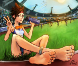 Rule 34 | 1girl, alternate costume, anklet, asmo deus, bare shoulders, barefoot, bottle, brown eyes, brown hair, feet, foot focus, foreshortening, goggles, goggles around neck, grass, headband, jewelry, lips, nail polish, olympics, overwatch, overwatch 1, short hair, sitting, skinny, smile, soles, solo focus, spiked hair, sprinter tracer, stadium, sweat, toenail polish, toenails, toes, tracer (overwatch), v, water bottle, weapon